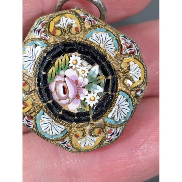 Vintage Italian Micro Mosaic Pendant Pink Rose Flower Square Brass Daisy - Picture 11 of 11